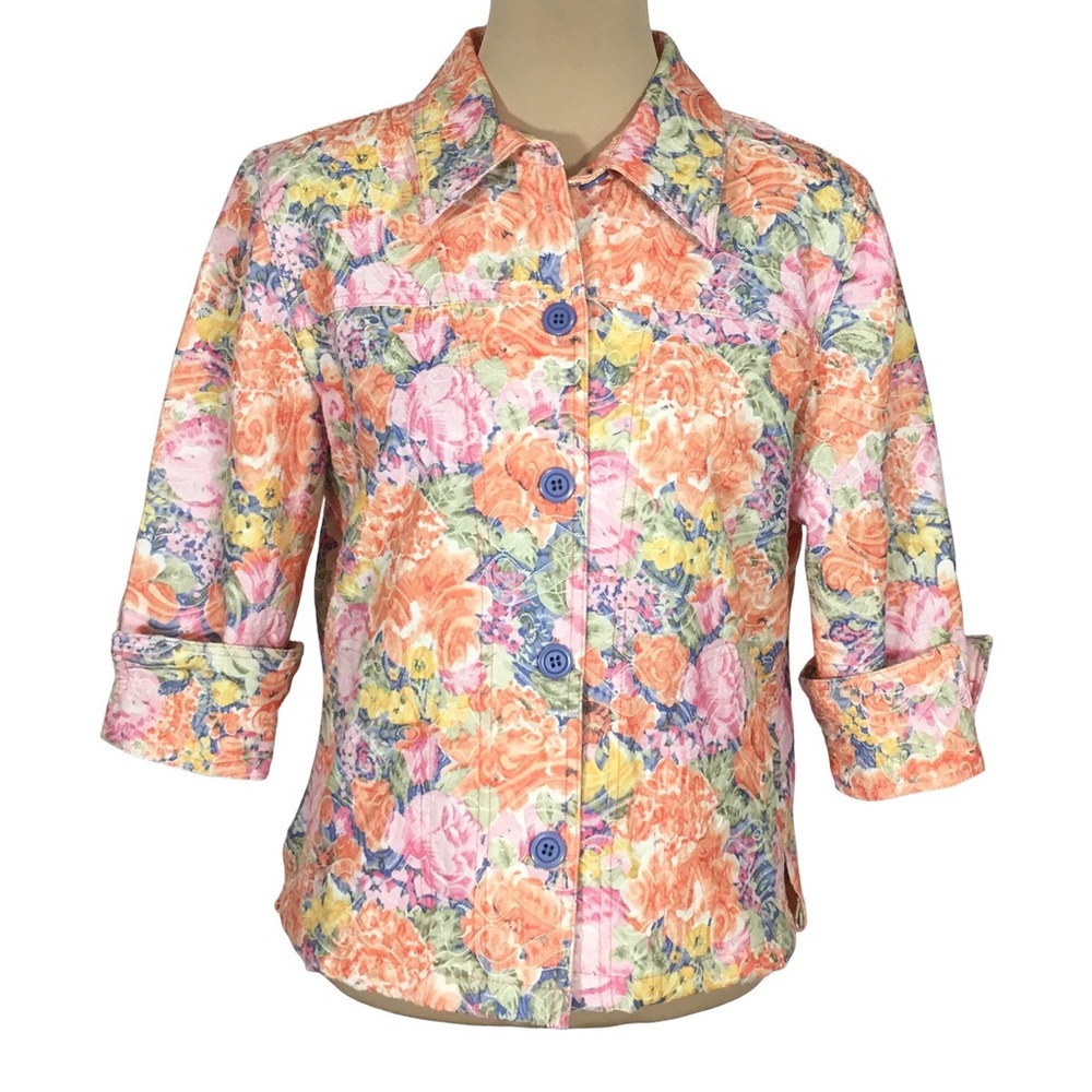 Rebecca Malone Peach Orange Blue Floral Blazer, Petite Large